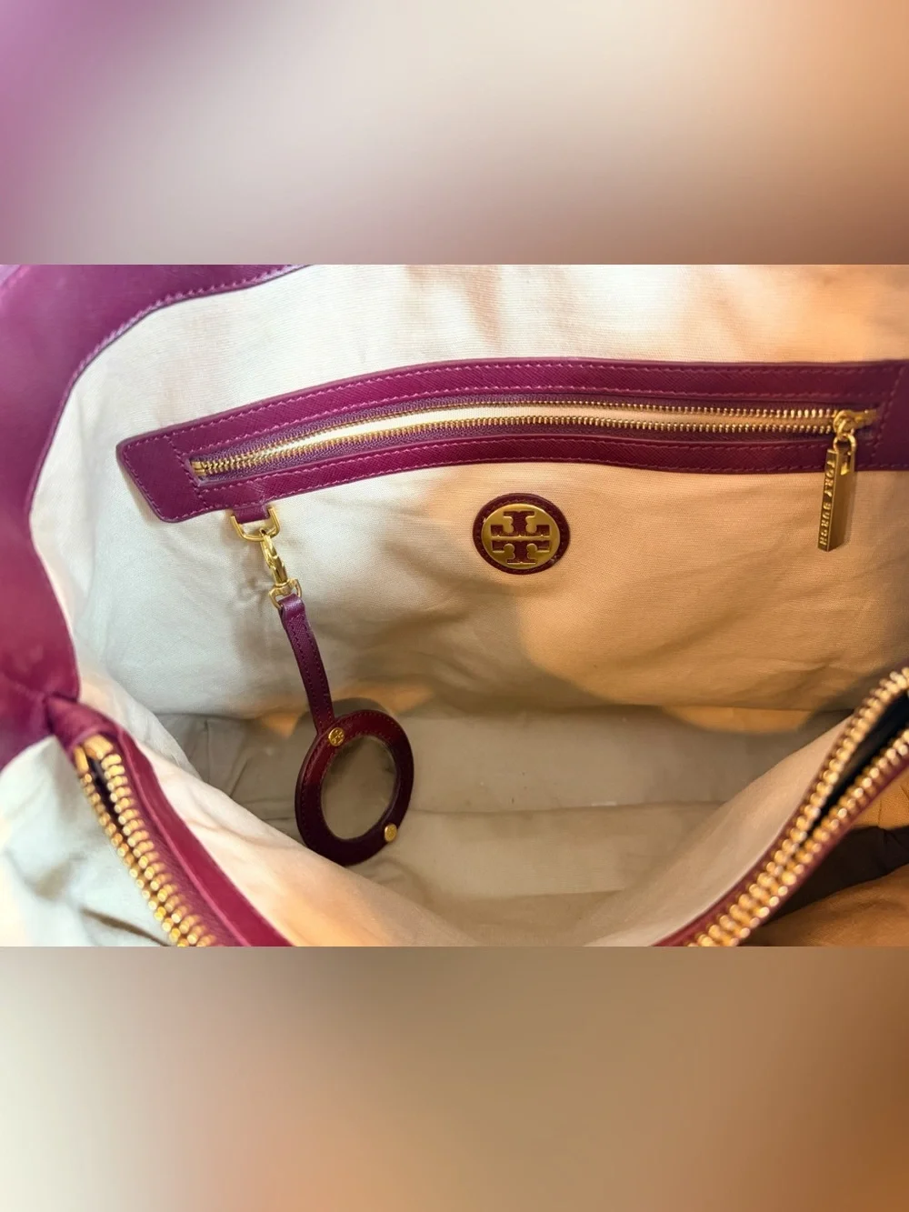 Tory Burch Burgundy Pebbled Leather Tote Gold Hardware Zip Top Bag